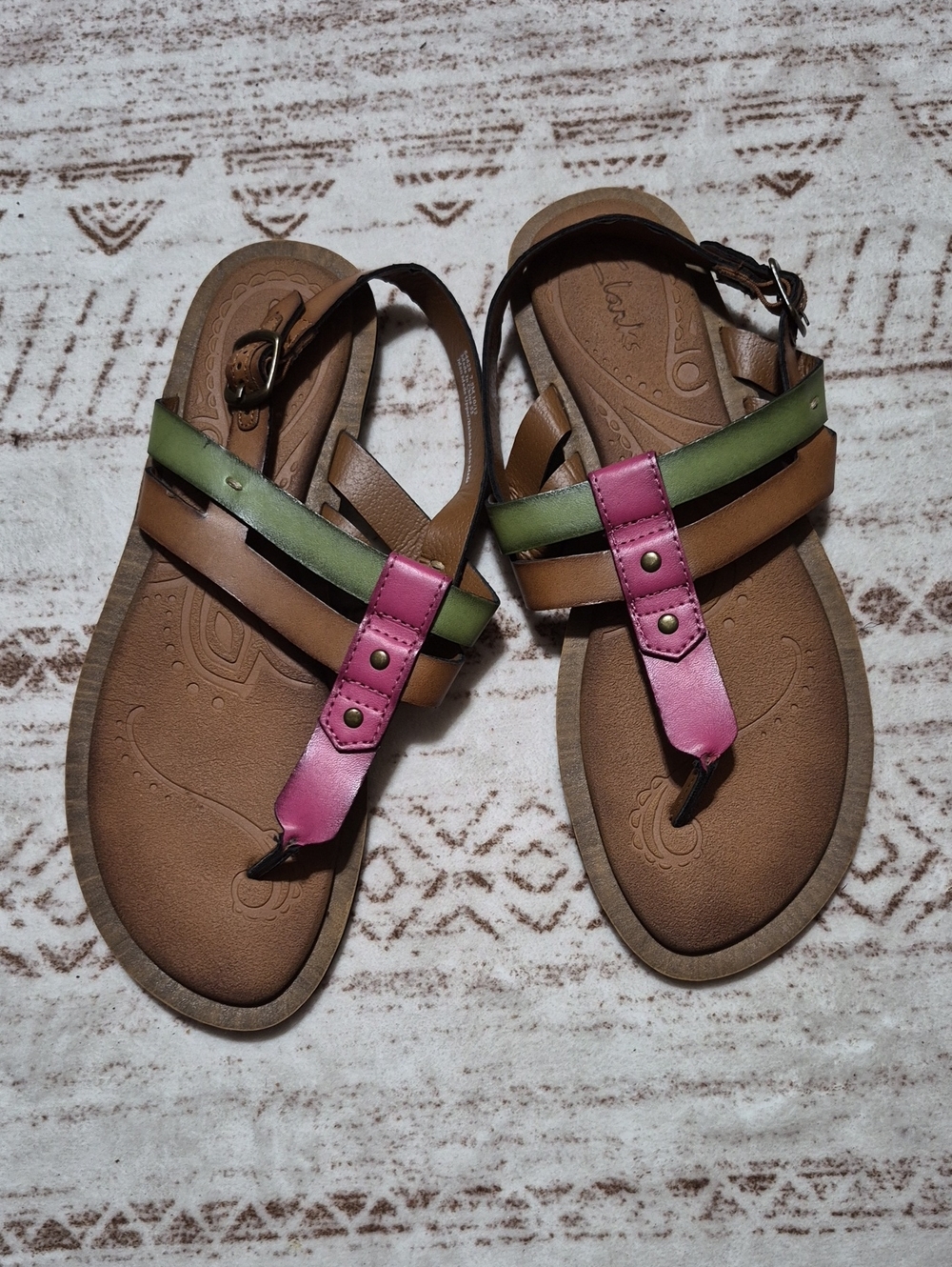 Clarks Brown Sandals with Pink and Green Strap Accents